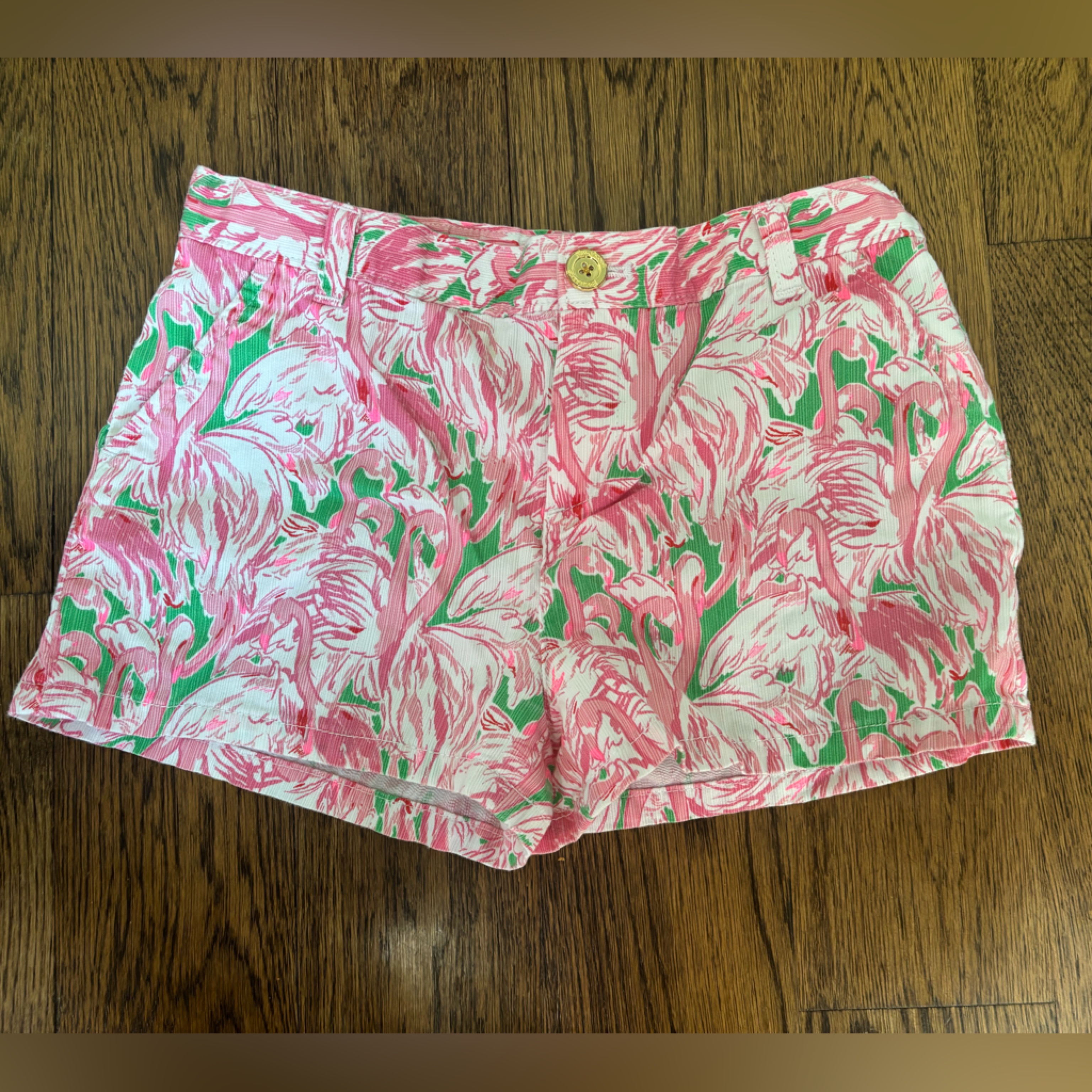 Lilly Pulitzer Pink And Green Bermuda Shorts Vibrant Tropical Print